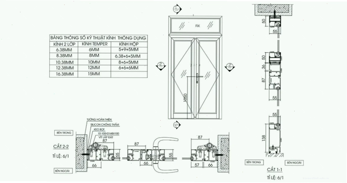 Bản vẽ mặt cắt ngang và dọc qua cửa chi tiết.