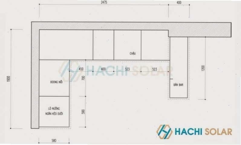 Bản vẽ mặt đứng tủ bếp có quầy bar