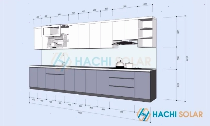 Bản vẽ tủ bếp bằng AutoCAD dạng chữ i với các chi tiết rõ ràng