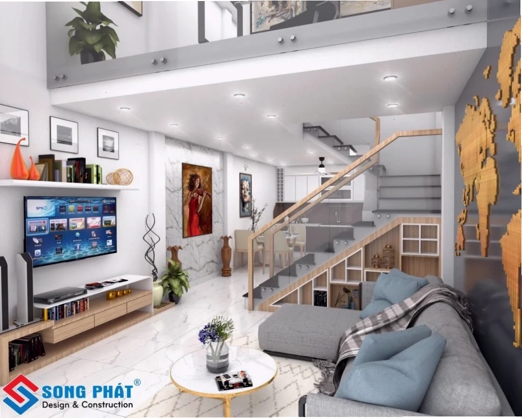 Không gian phòng khách thoáng đãng với thiết kế mở