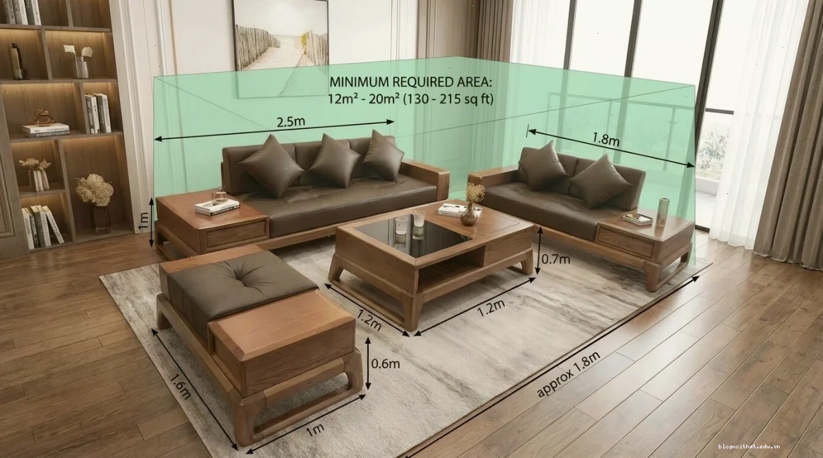 Kích thước bộ sofa gỗ óc chó chữ U bề thế cho phòng khách biệt thự
