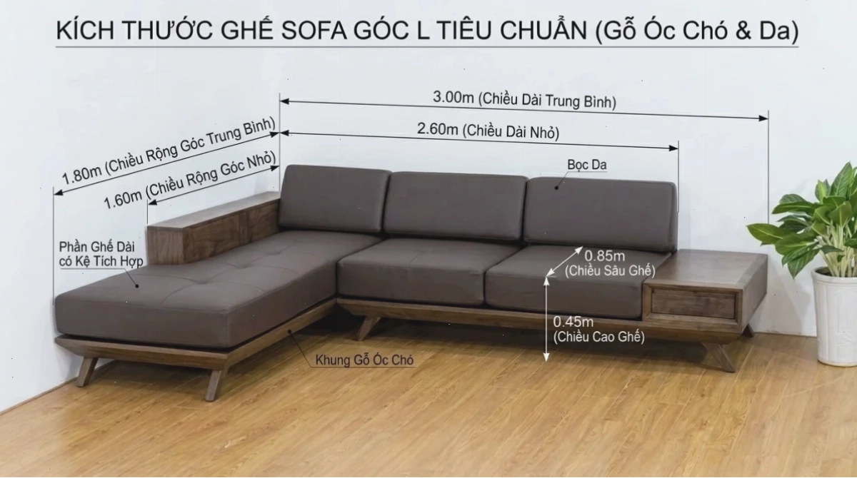 Kích thước sofa gỗ óc chó chữ L tiêu chuẩn