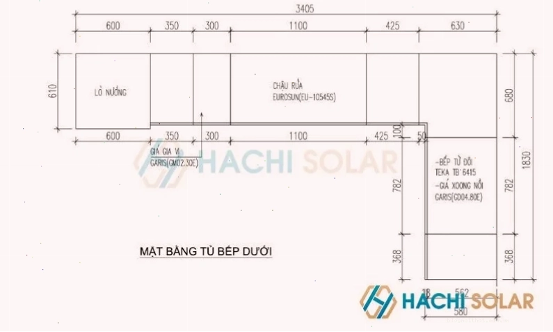 Mặt bằng bản vẽ kỹ thuật tủ bếp chữ L