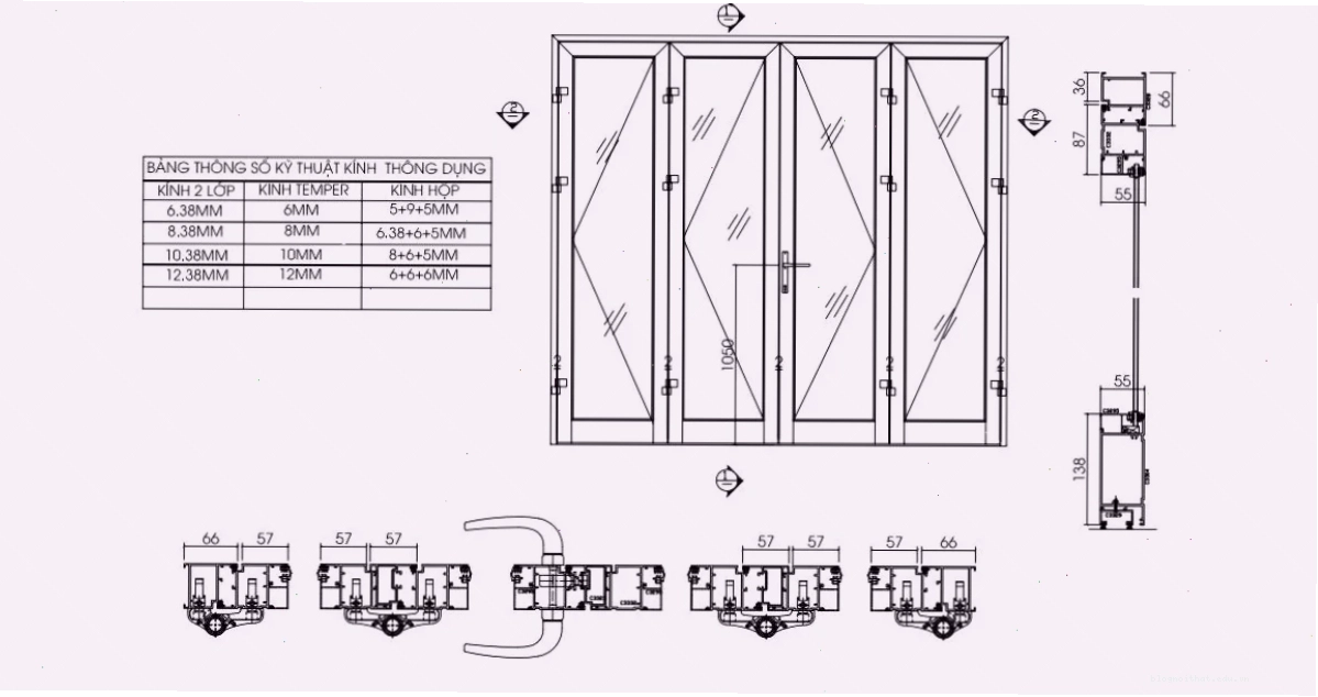 Mẫu bản vẽ cửa 4 cánh mở quay đều.