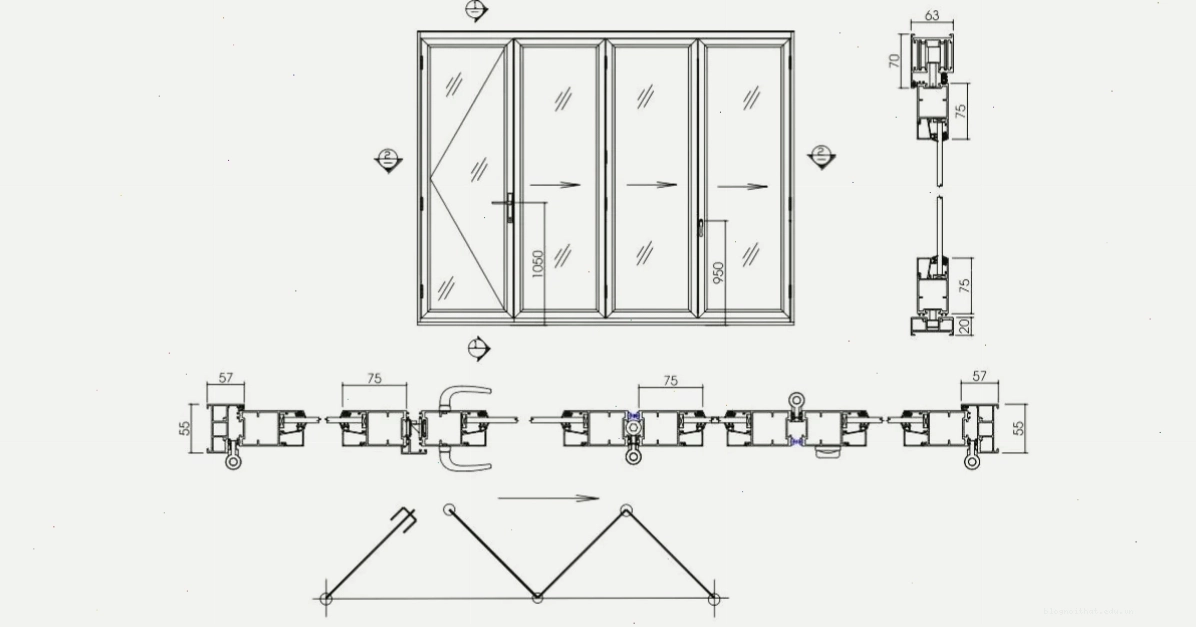 Mẫu bản vẽ cửa 4 cánh mở xếp trượt thể hiện rõ hướng di chuyển của từng cánh