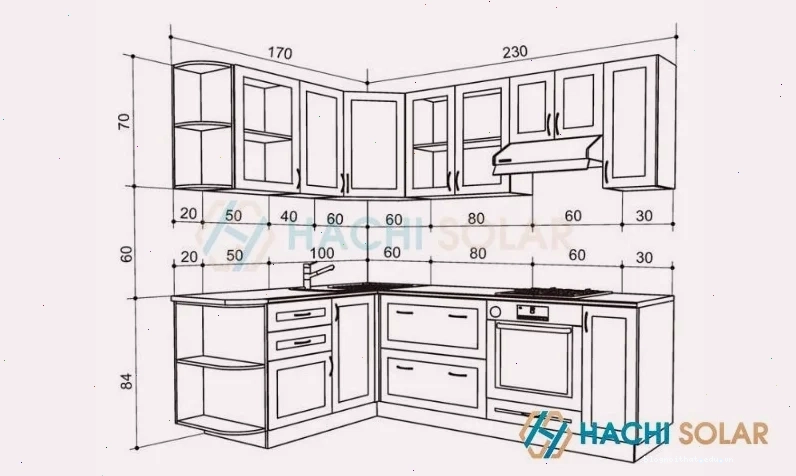 Mẫu bản vẽ tủ bếp sketchup chữ L với bố cục khoa học
