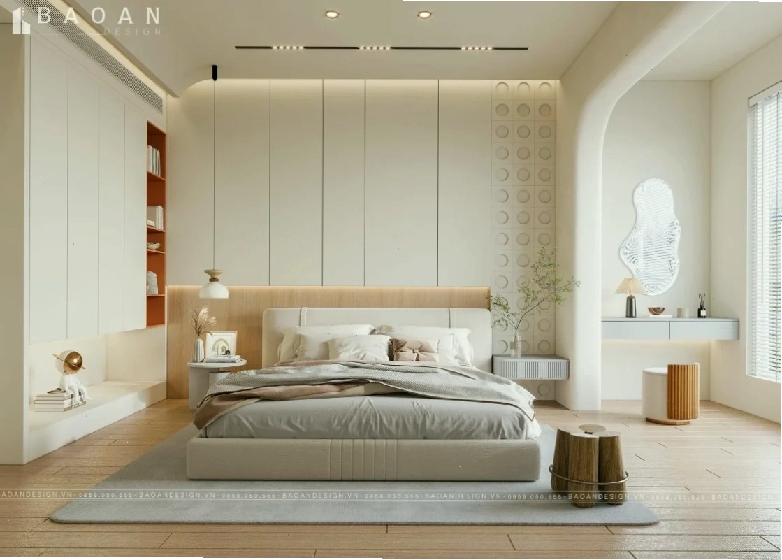 Mẫu phòng ngủ master đẹp cho chung cư được thiết kế với đầy đủ đồ nội thất như giường ngủ, tủ quần áo và bàn trang điểm