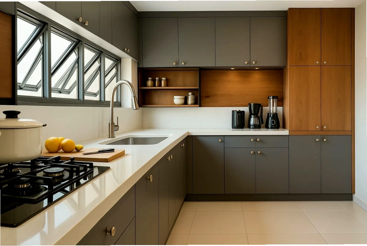 Mẫu thiết kế cửa sổ 4 cánh mở hất cho phòng bếp hiện đại