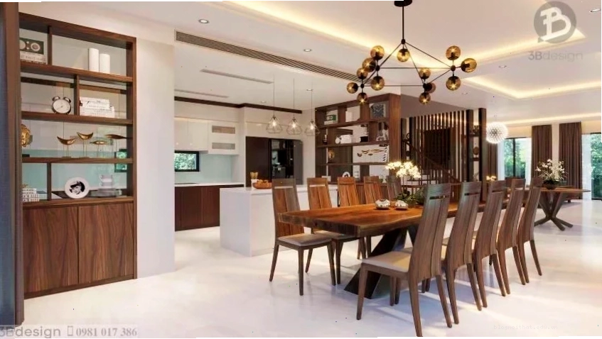 Nội thất phòng bếp gỗ óc chó ấm cúng và sang trọng