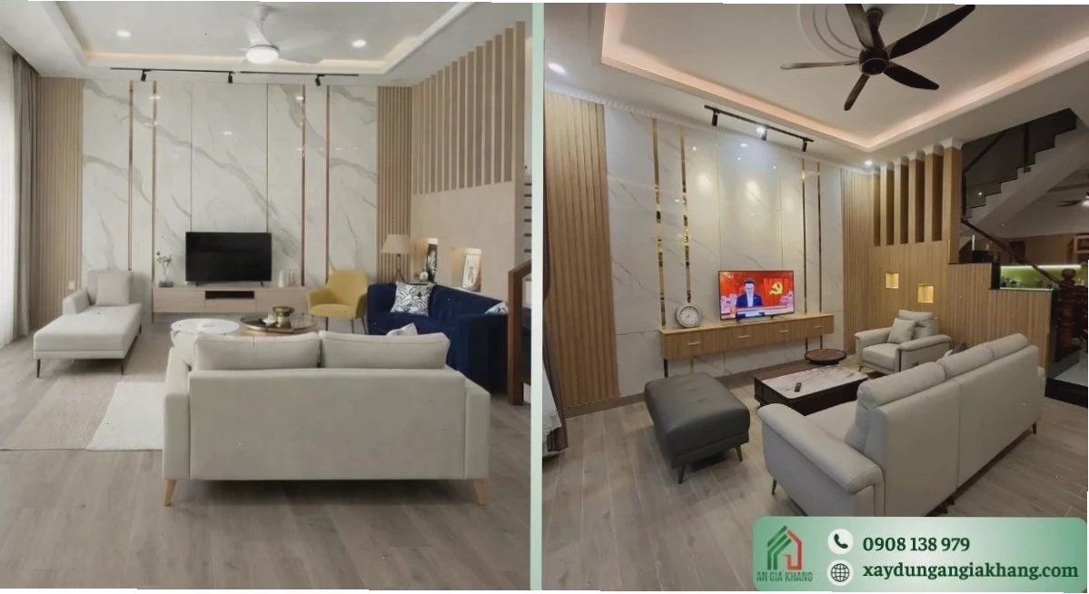 Phòng khách phối màu tường sàn và nội thất hài hòa