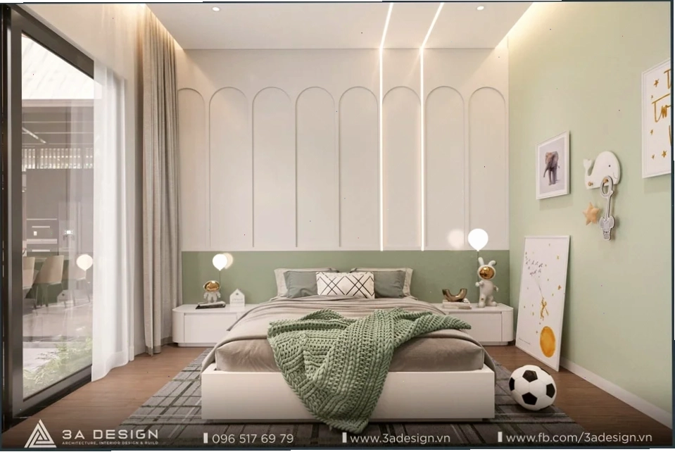Phòng ngủ cho bé trai với tone xanh lá tươi mát