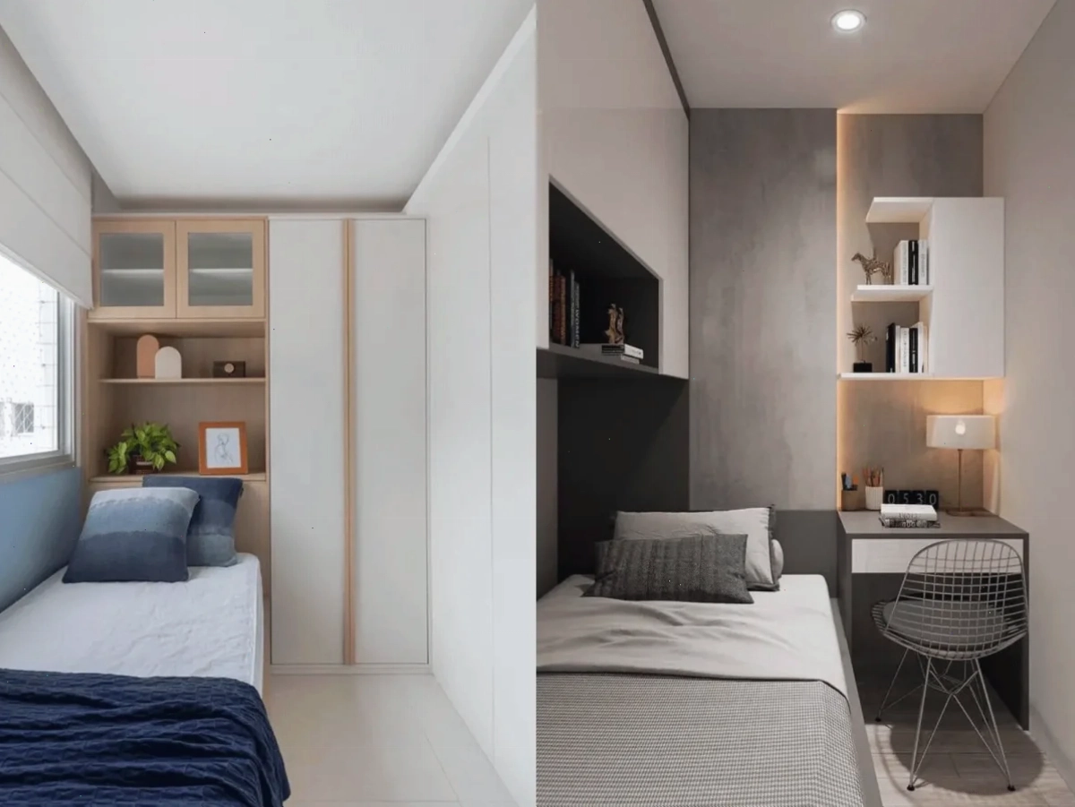 Phòng ngủ nhỏ 2m2 với thiết kế giường và hộc tủ nhỏ gọn tối ưu được toàn bộ không gian