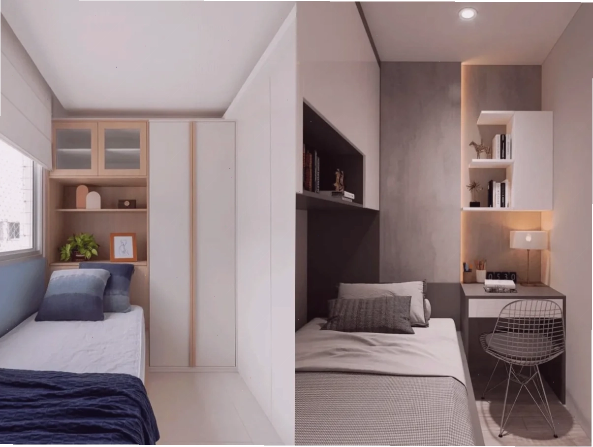 Phòng ngủ nhỏ 2m2 với thiết kế giường và hộc tủ nhỏ gọn tối ưu được toàn bộ không gian
