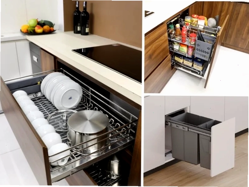 Phụ kiện thông minh cho tủ bếp dưới giúp nhà bếp ngăn nắp