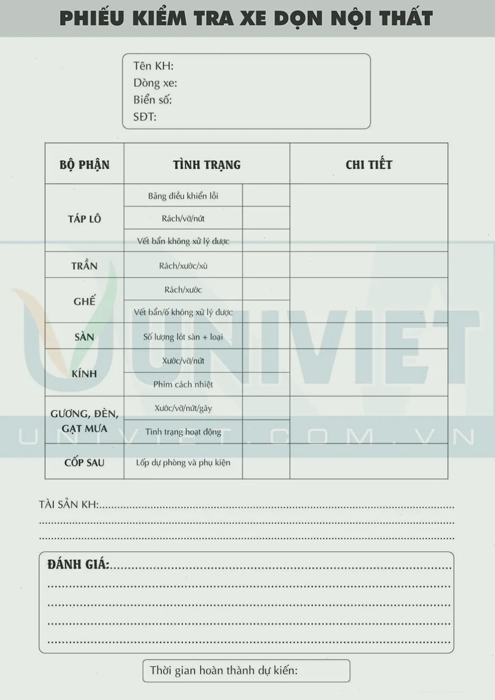 Quy trình nội thất 01 kiểm tra tình trạng xe