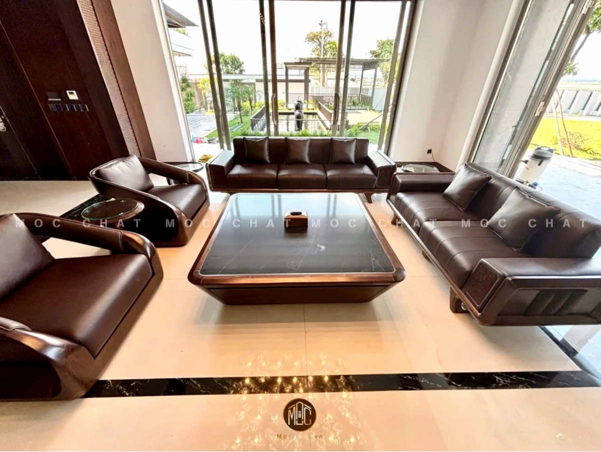 Sofa gỗ óc chó và bàn trà đồng bộ