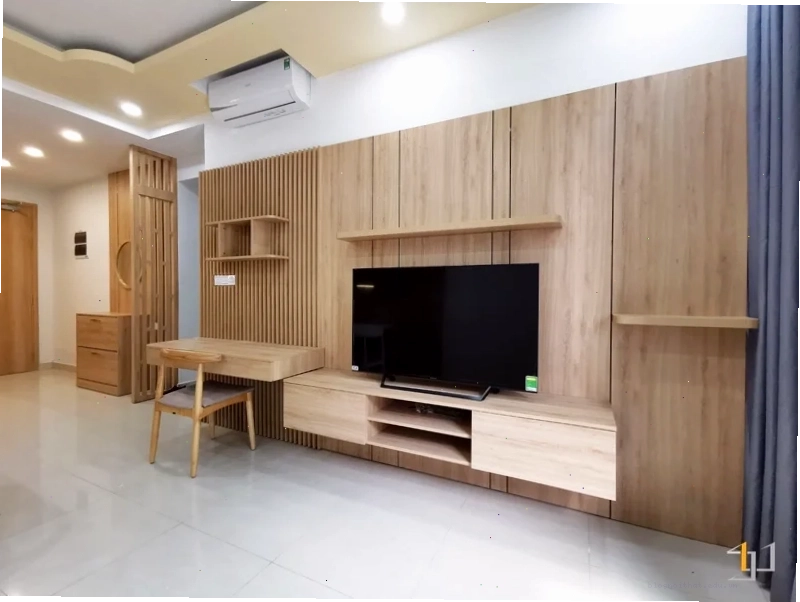 Thi công gỗ mdf đẹp cho vách phòng khách và bàn làm việc