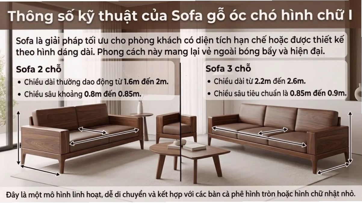 Thông số kích thước sofa văng gỗ óc chó chữ I